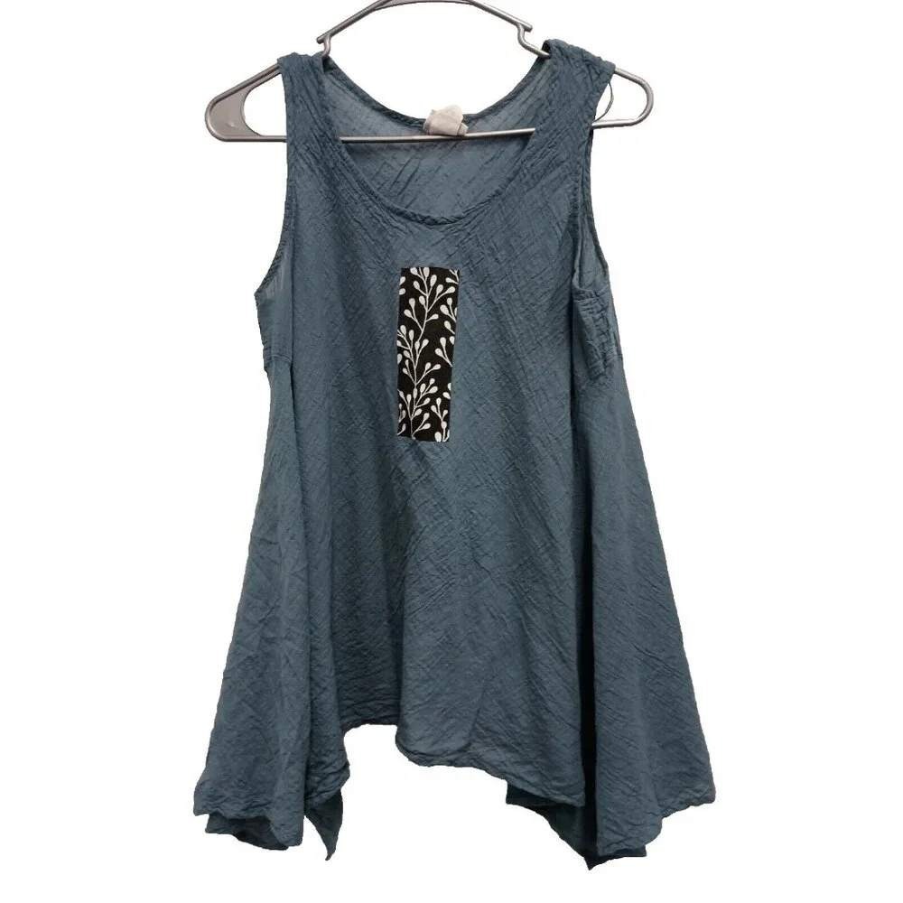 Indigo Wearable Art BOHO Tank‎ Top Women Small Blue Sharkbite Floral Patch